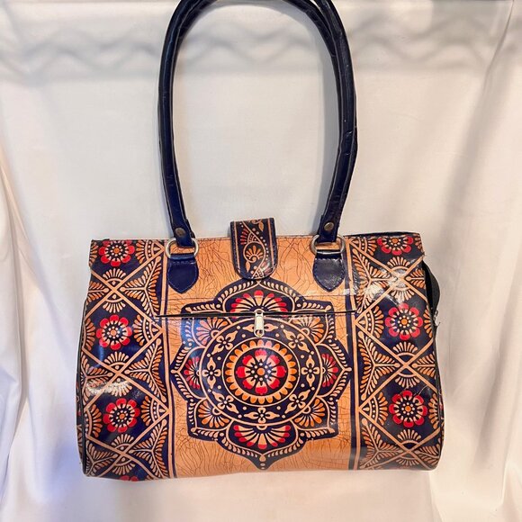 Shantiniketan Leather Indian Shoulder/Tote-Exclusive Batik Design Ethnic-Tan/Blu - Picture 2 of 16